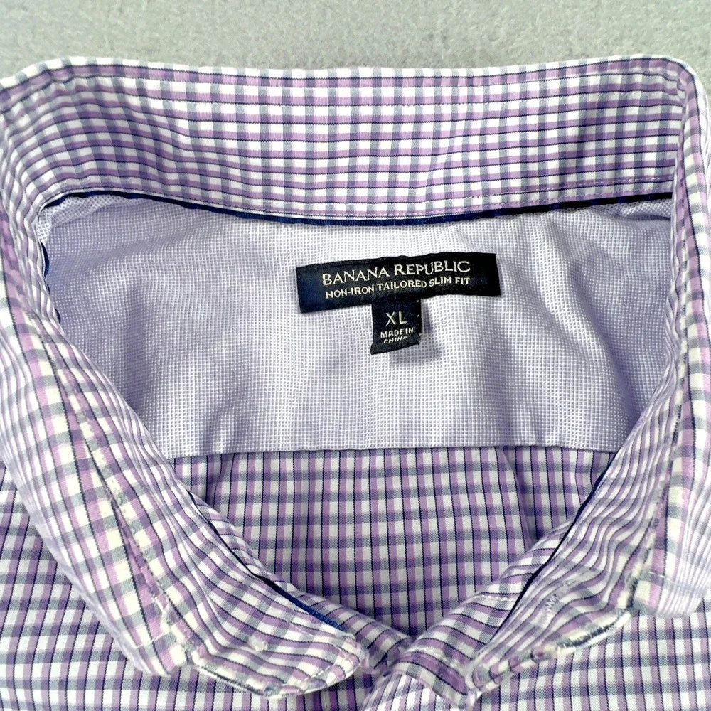 Banana Republic Mens XL Purple Check Non-Iron Tailored Slim Fit Dress Shirt LS